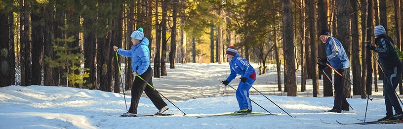 family skiing in forest