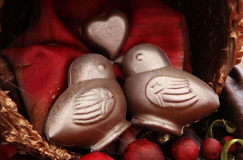 Chocolate lovebirds on display at a chocolate festival where lovers come to celebrate Valentine's Day in Terni, Italy.