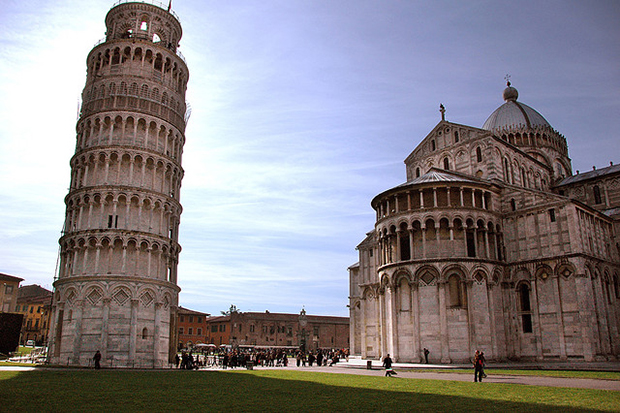 The Leaning Tower of Pisa dominates the landscape in Pisa, Italy